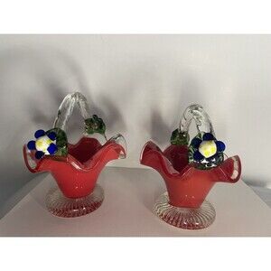 Vintage Art Glass Red Clear Basket Applied Blue Flowers Beautiful 2 Baskets